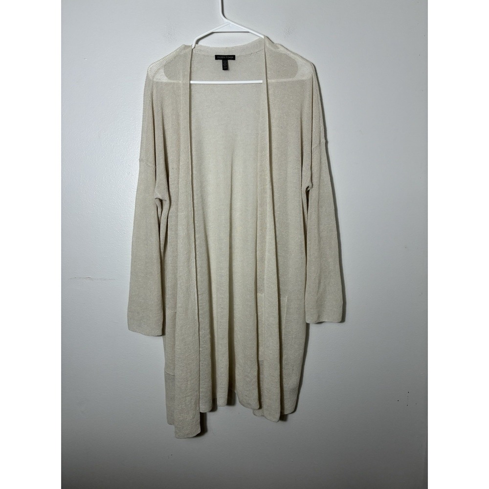 Eileen Fisher Long Line Duster Organic Linen Sz M Ivory Minimalist Quiet Luxury